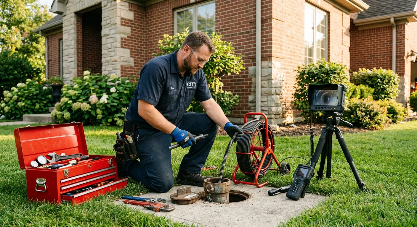 Sewer specialist with camera equipment servicing a cleanout in Mission