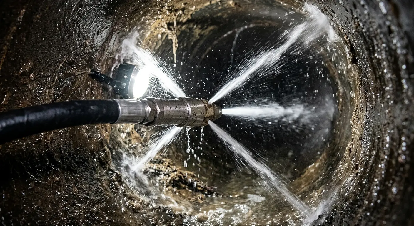 High-pressure hydro jetting nozzle cleaning sewer pipe for Storm Drain Cleaning in Mission