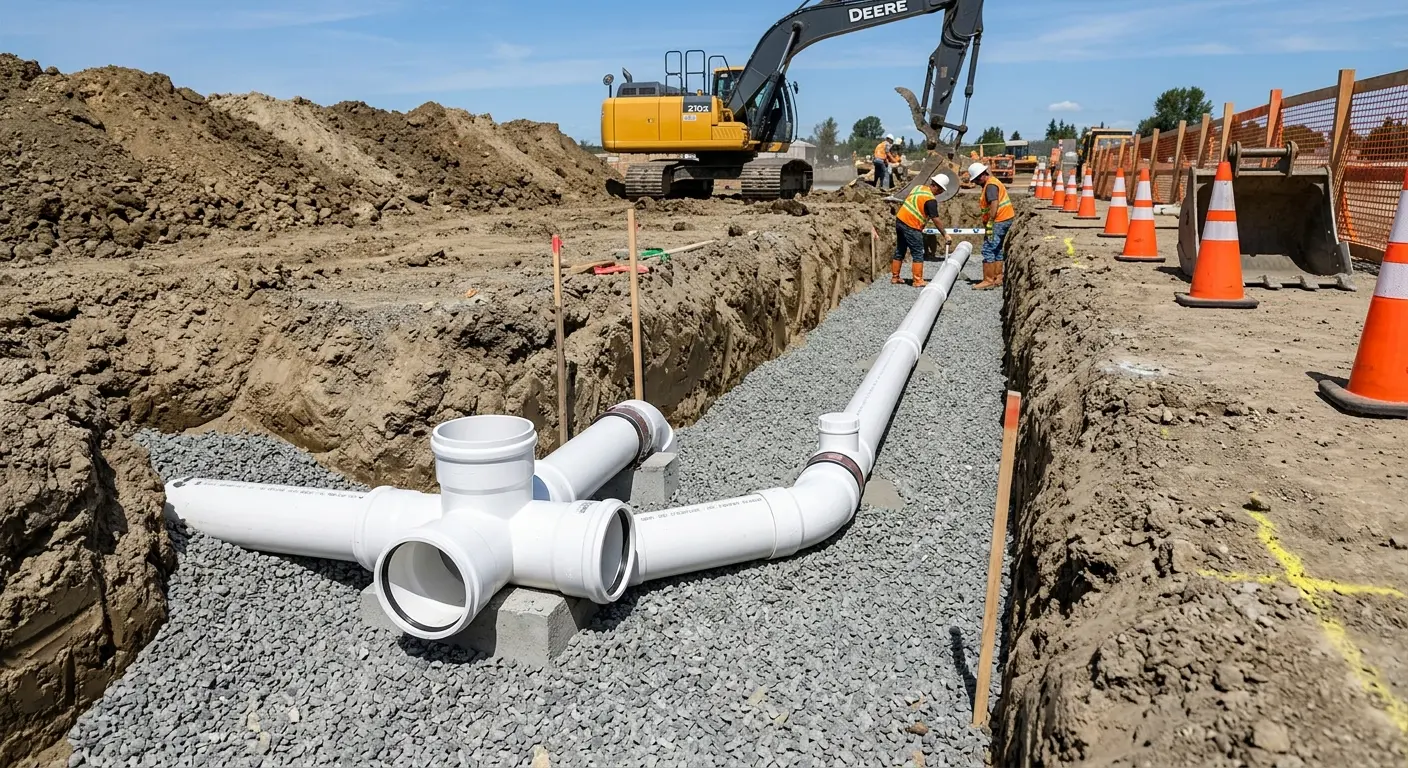 New PVC sewer pipe installation in open trench for Grease Trap Cleaning in Mission