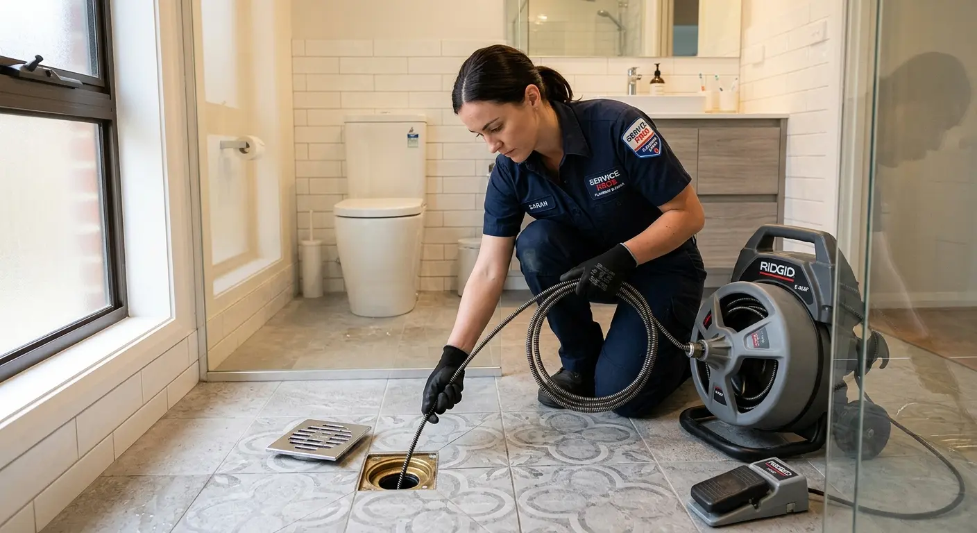 Technician clearing a bathroom floor drain for Clogged Drain Repair in Mission